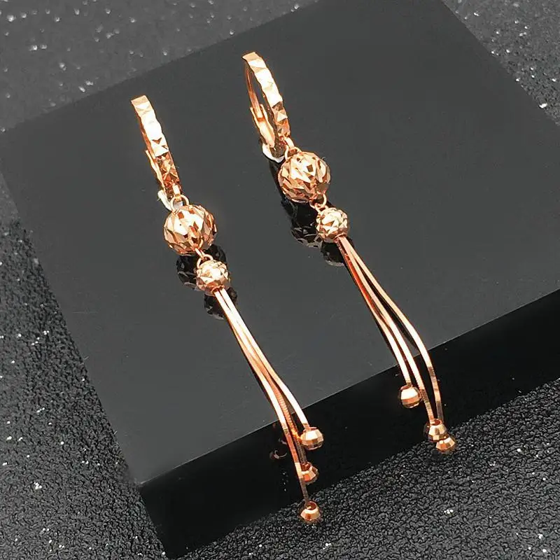 585 Purple Gold Round Bead Soft Chain Tassel Drop Earrings for Women 14K Rose Gold Luxury Exquisite Fashion Wedding Jewelry