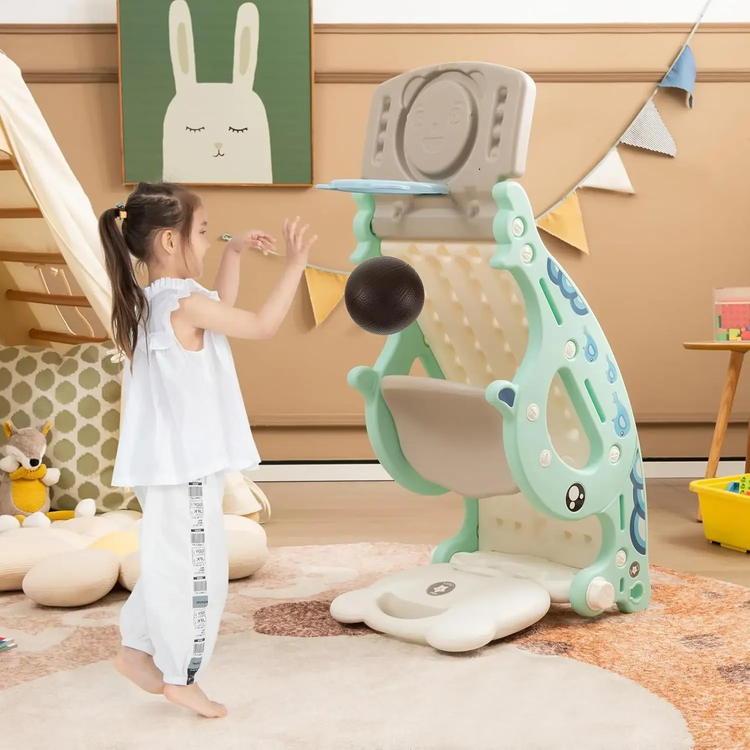 4 in 1 Toddler Slide Rocking Toy, Slide for Kids with Basketball Hoop and Ring Game, Rocking Horse, Foldable Climber Playground