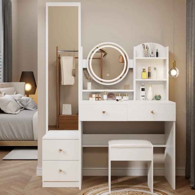 Full Body Mirror Cabinet   Round Mirror LED Vanity Table   Cushioned Stool, Touch Control,Brightness adjustable, Large desktop