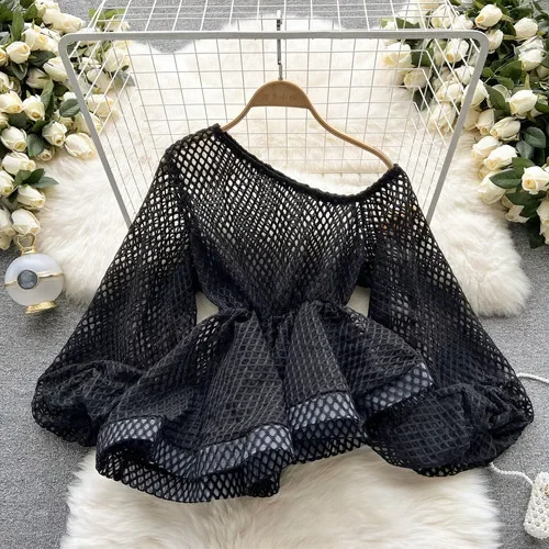 Fashion Skew Collar Mesh Blouse Slim Waist Pleated Lantern Sleeve Loose Shirts 2024 Summer New Casual All-match Pullover Top