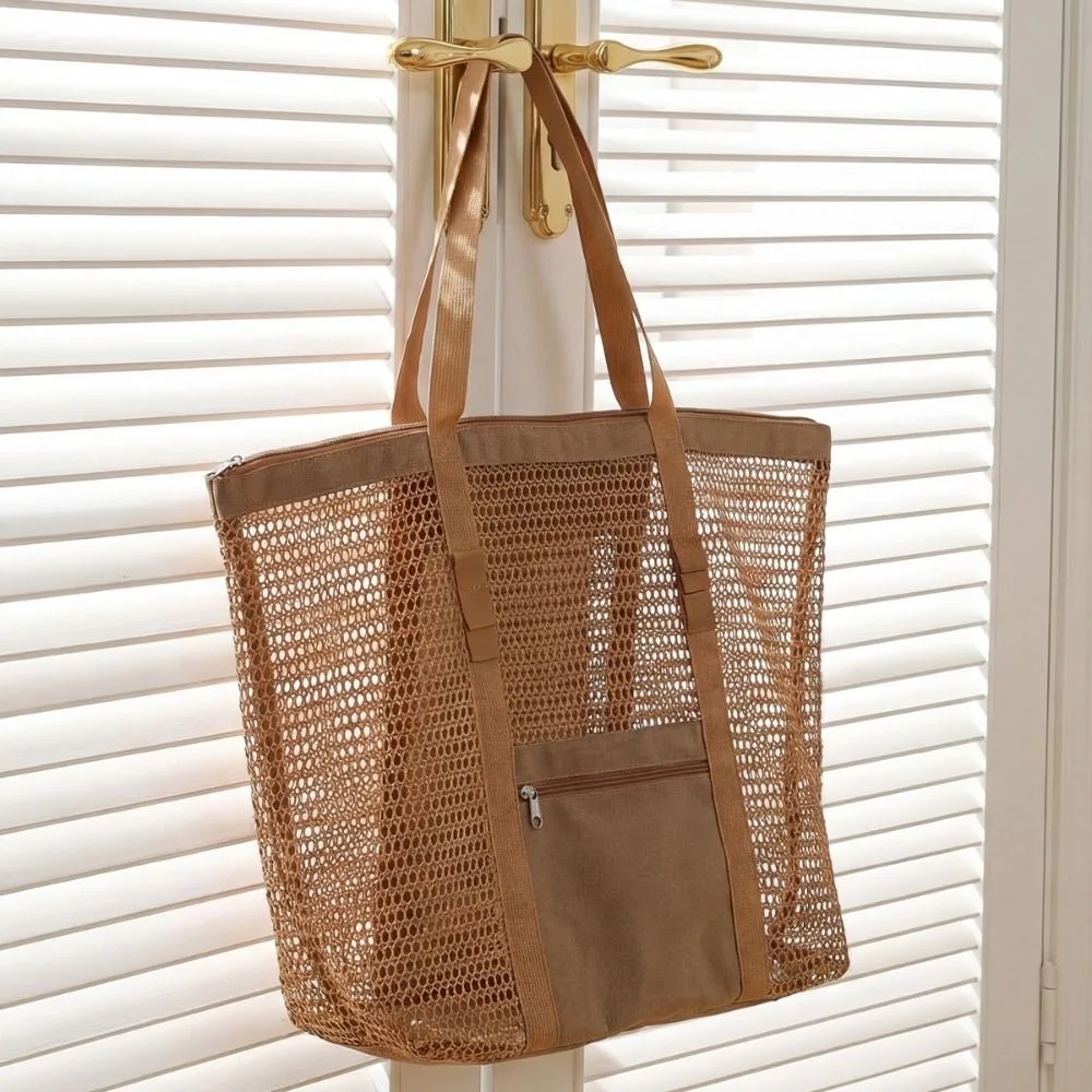 

Soild Color Nylon Mesh Beach Bag Hollow Out Large Capacity Toiletry Storage Bag Breathable Multifunctional Swimming Bag Shower