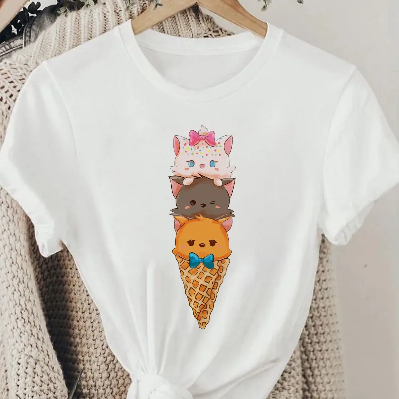 Women Tshirt 2022 Cute Cats ice cream Printed Girl White Black T-shirt Summer Funny Graphic Tee Shirt Femme Harajuku T Shirt