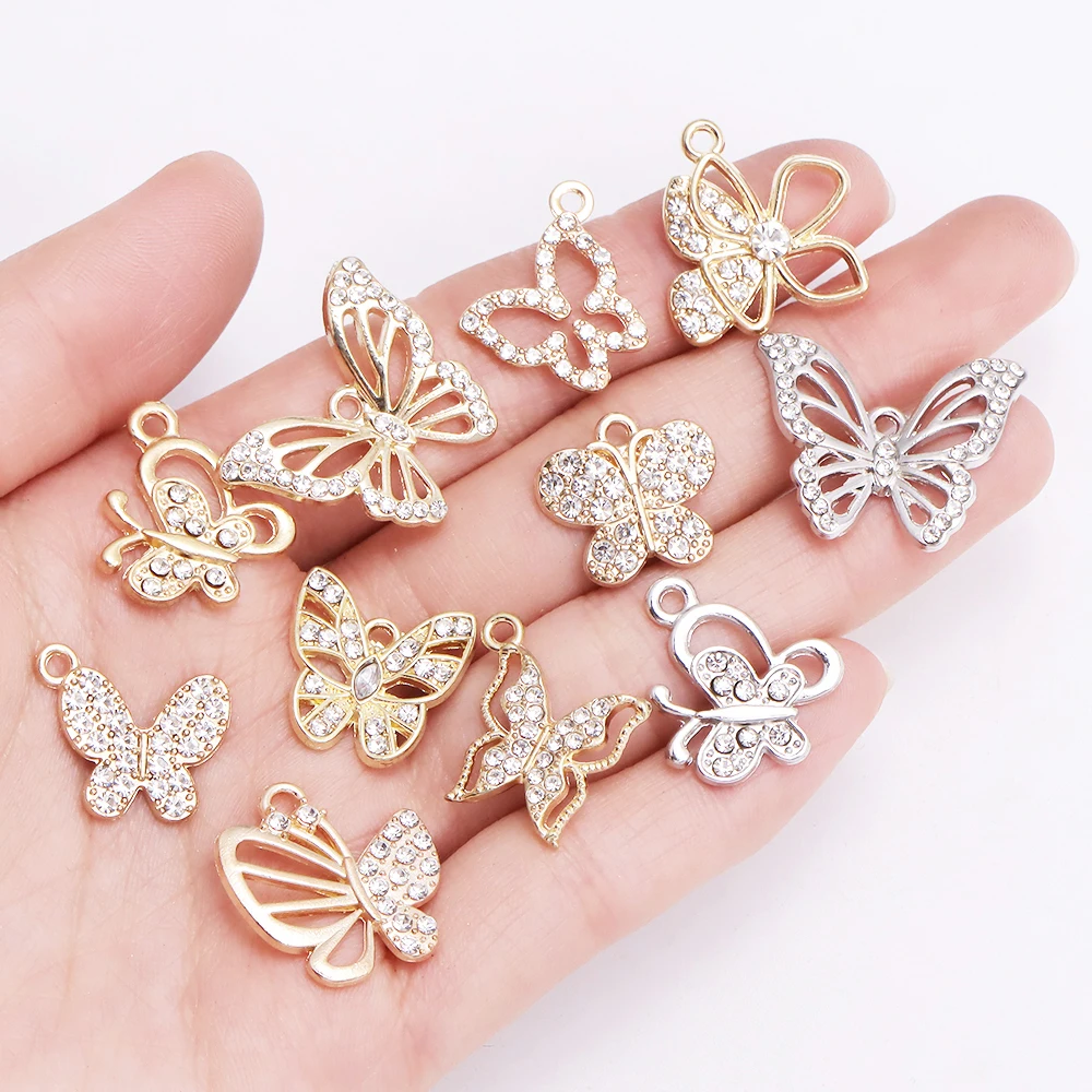 10Pcs Mixed Multi-style Fashion Charming Zircon Butterfly Pendant Jewelry Making Earring Necklace Charms Wedding Jewelry Gift