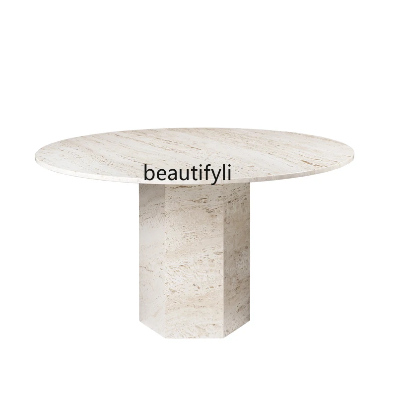 Wabi-sabi style Nordic light luxury natural travertine dining table, small household round table designer