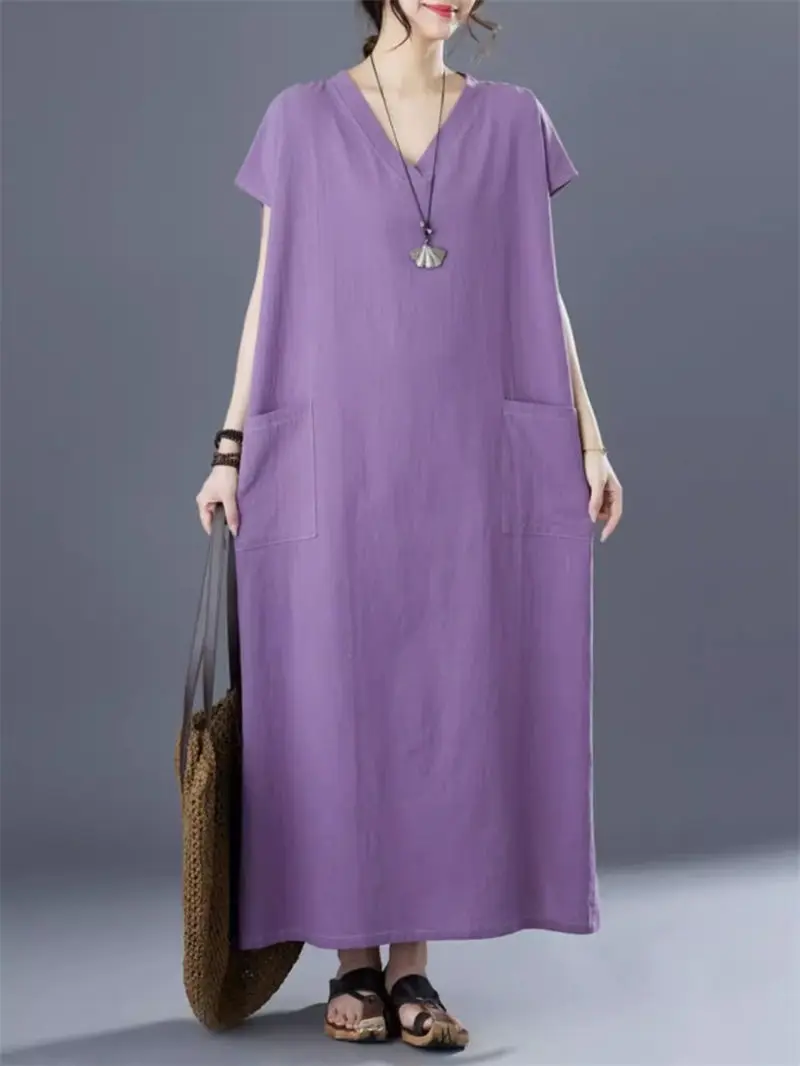 

Leisure Style Solid Color Loose Versatile Long Dress 2024 Summer Double Pocket Design V-Neck Short Sleeve Dress For Women K259