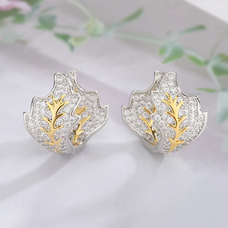 

New Fashion Jewelry Earrings European and American Style Fashionable Apricot Leaf Full Diamond Stud Earrings Personality Simple