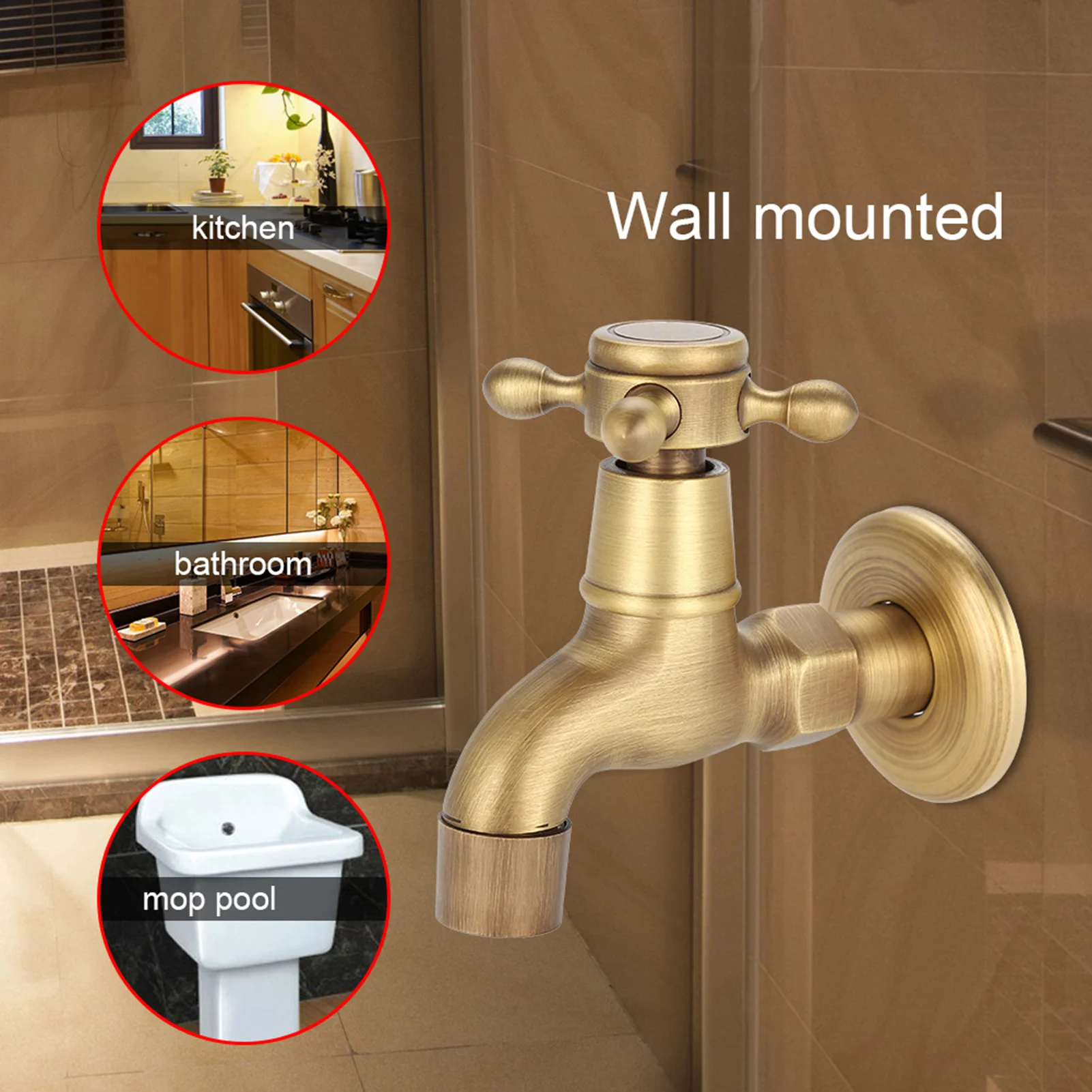 

Wall Mounted Vintage Brass Faucet Single Cold Water Tape for Kitchen Sink Mop Pool Vintage Faucet Faucet
