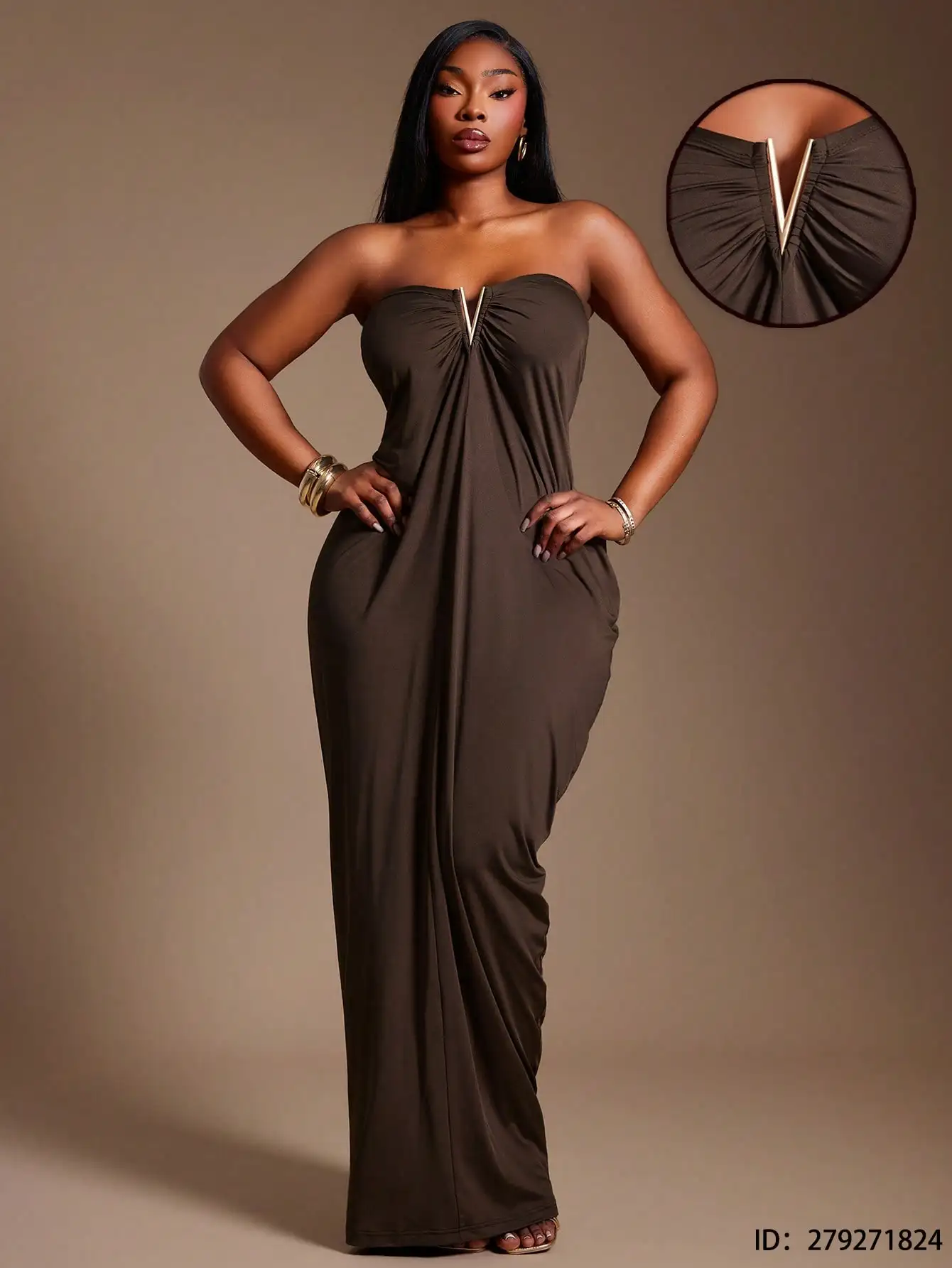 

Olive Green Ruched Bandeau Maxi Dress with V-Neck Detail