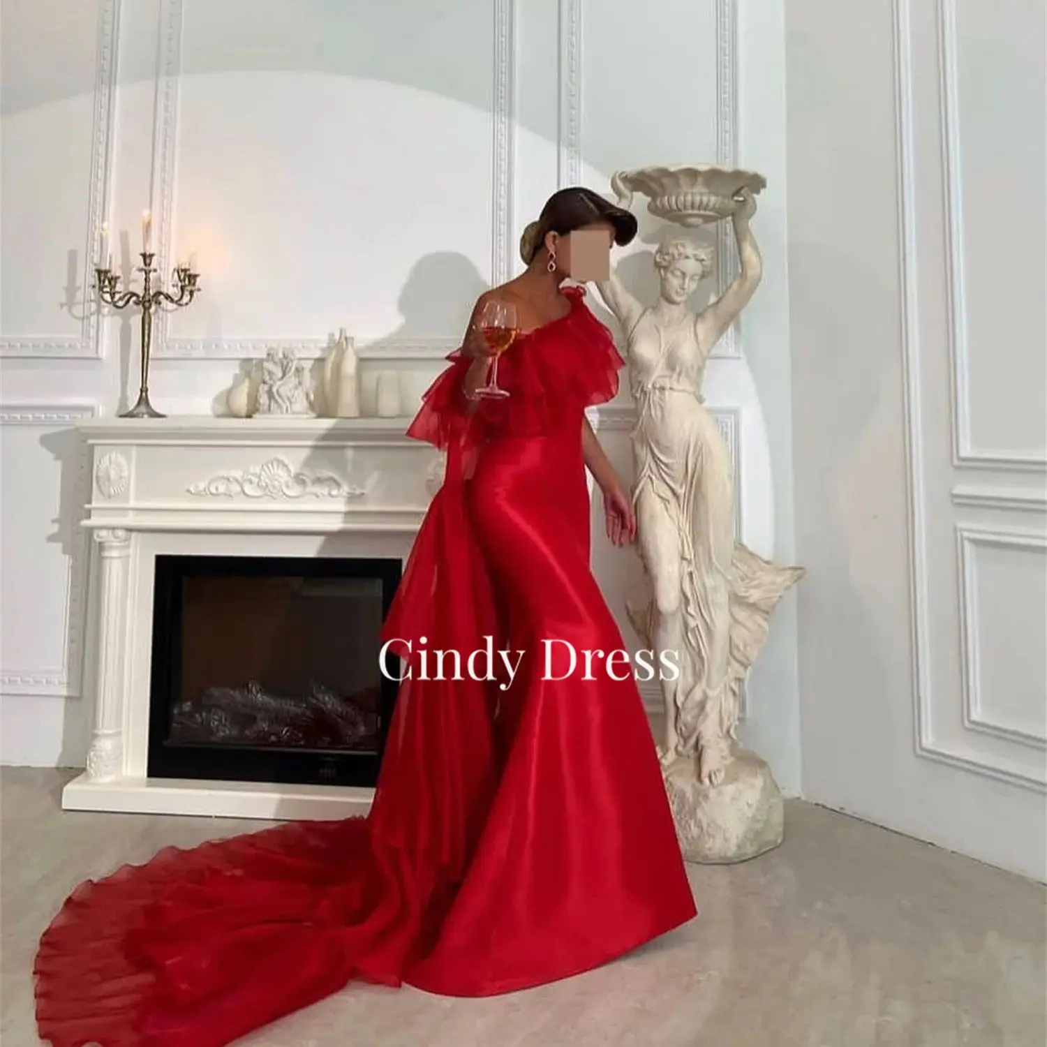 

Cindy Red Satin Mermaid Long Tail Saudi Arabia Party Dresses Elegant Women Luxury Evening Gown Women's Dress Graduation 2023