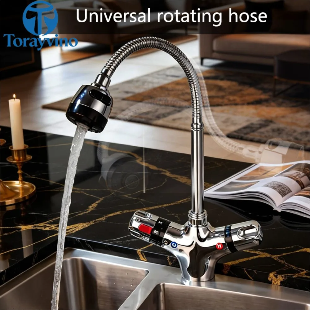 Torayvino Kitchen Faucet Solid Brass Chrome Thermostatic Faucet Constant Temperature Deck Mounted Sink Mixer Flexible tap