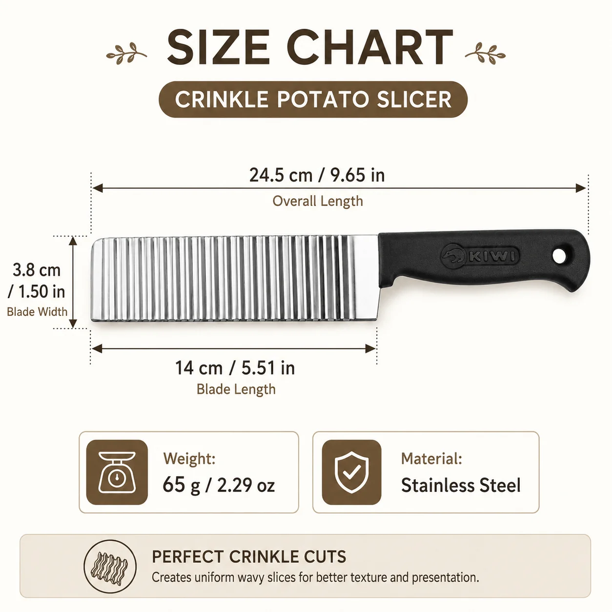 

Safe Edgeless Stainless Steel Wavy Vegetable Slicer, a kitchen prep tool for wavy cutting potatoes, carrots, French fries and other vegetables