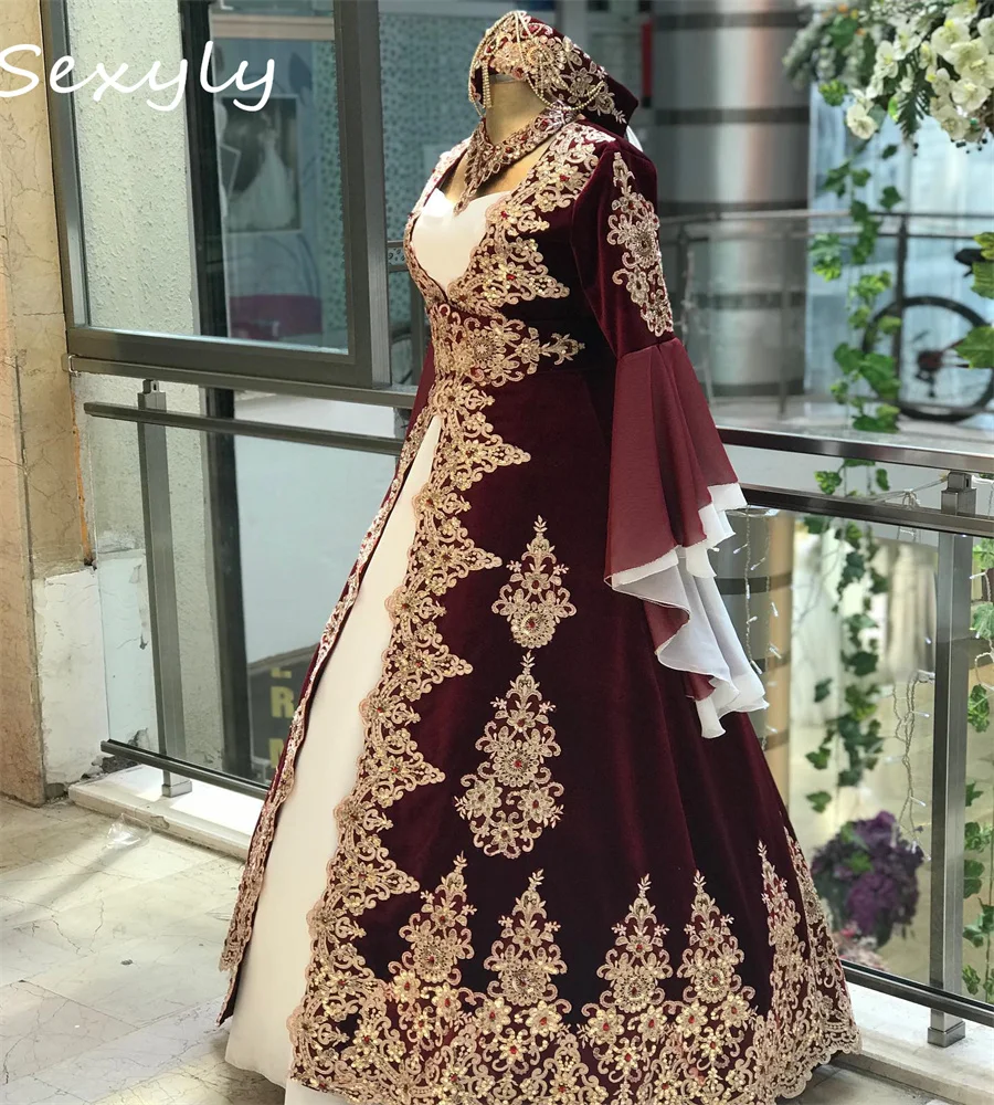 Elegant Burgundy Moroccan Wedding Dress Caftan Renaissance Celtic Turkish Bridal Gowns Long Sleeve War Bride Party Customized