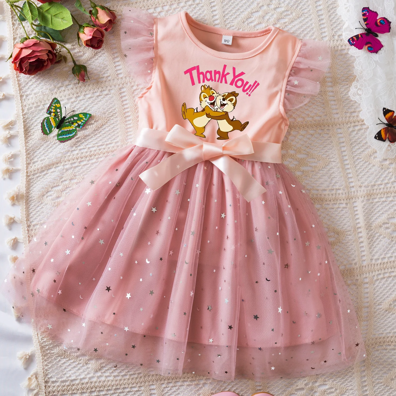 

Chip n Dale Sweet Girls Summer Clothes Flying Sleeves Bow Sequin Dress 2-6Y Kid Birthday Tutu Princess Dress for Baby Girl