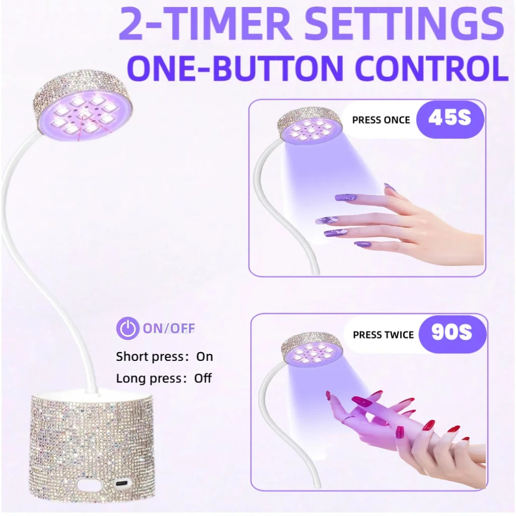 مصباح أظافر صغير قابل لإعادة الشحن 360 °   مجفف LED بالأشعة فوق البنفسجية قابل للدوران، مستشعر ذكي، مؤقتين، ضوء معالجة حجر الراين المحمول لتلميع الجل