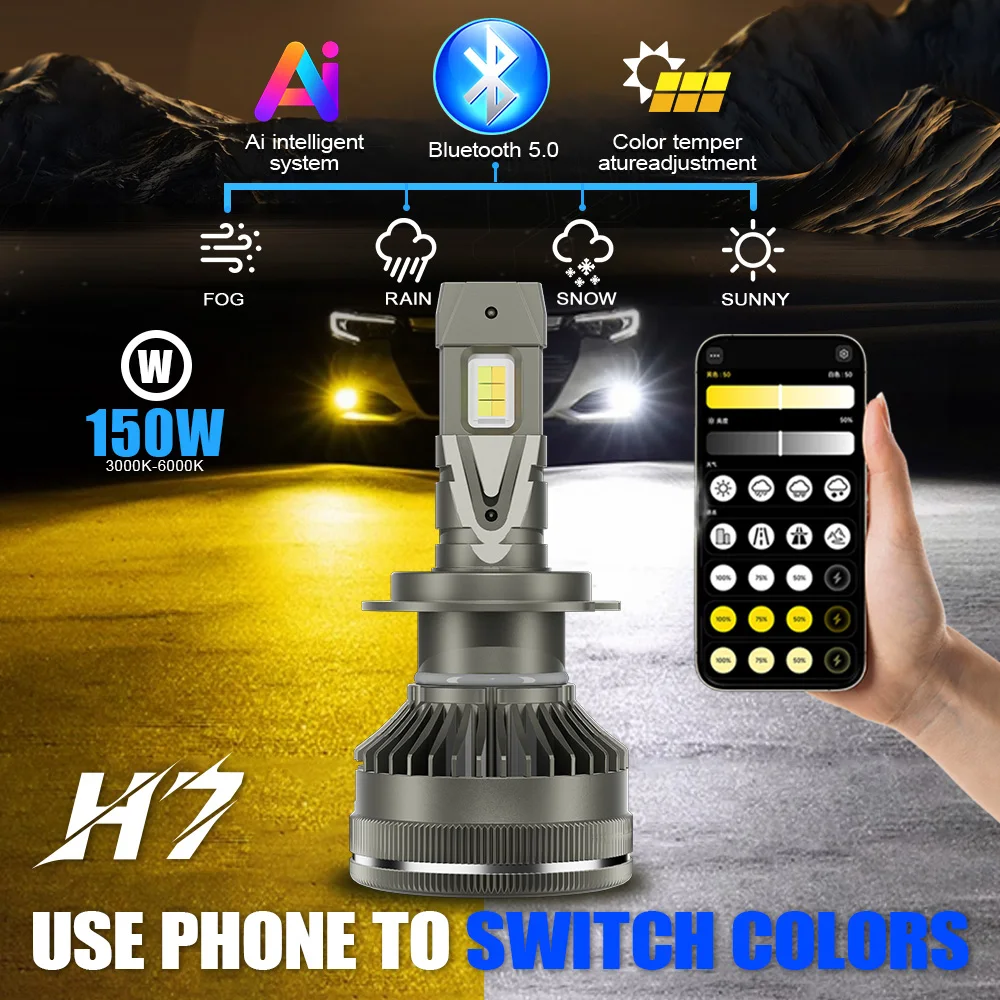 Smart APP Control H7 H4 Car Headlight Bulb 150W 3 Colors Headlight H1 H11 H8 H9 H3 9005 HB3 9006 HB4 9012 H27 880 LED Car Lights