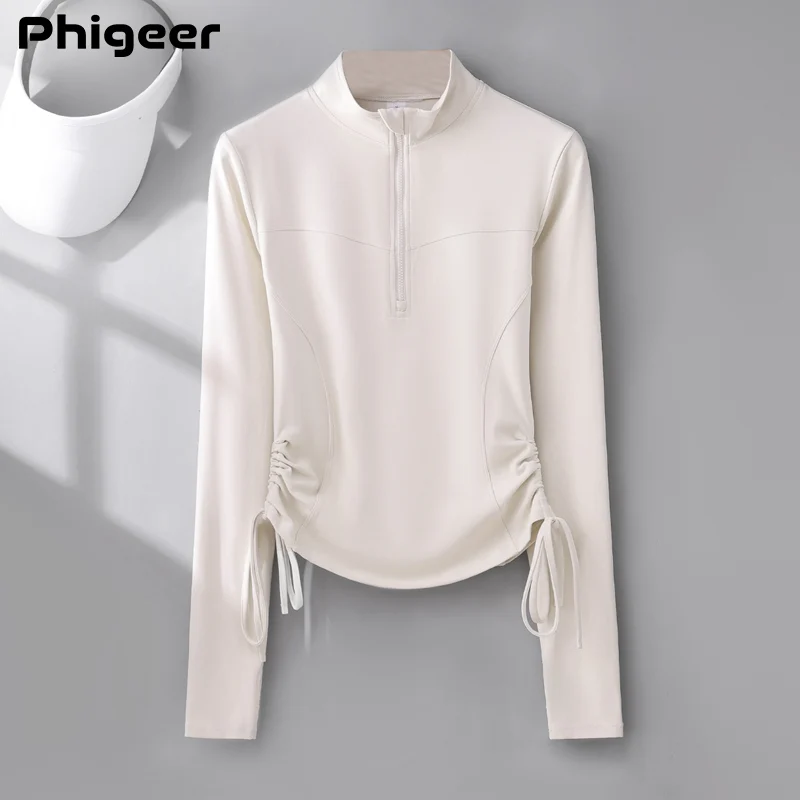 PHIGEER Women Half Zip Long Sleeve Yoga Top Slim Fit Side Ruched Workout Shirt with Drawstring Athletic Running Tee