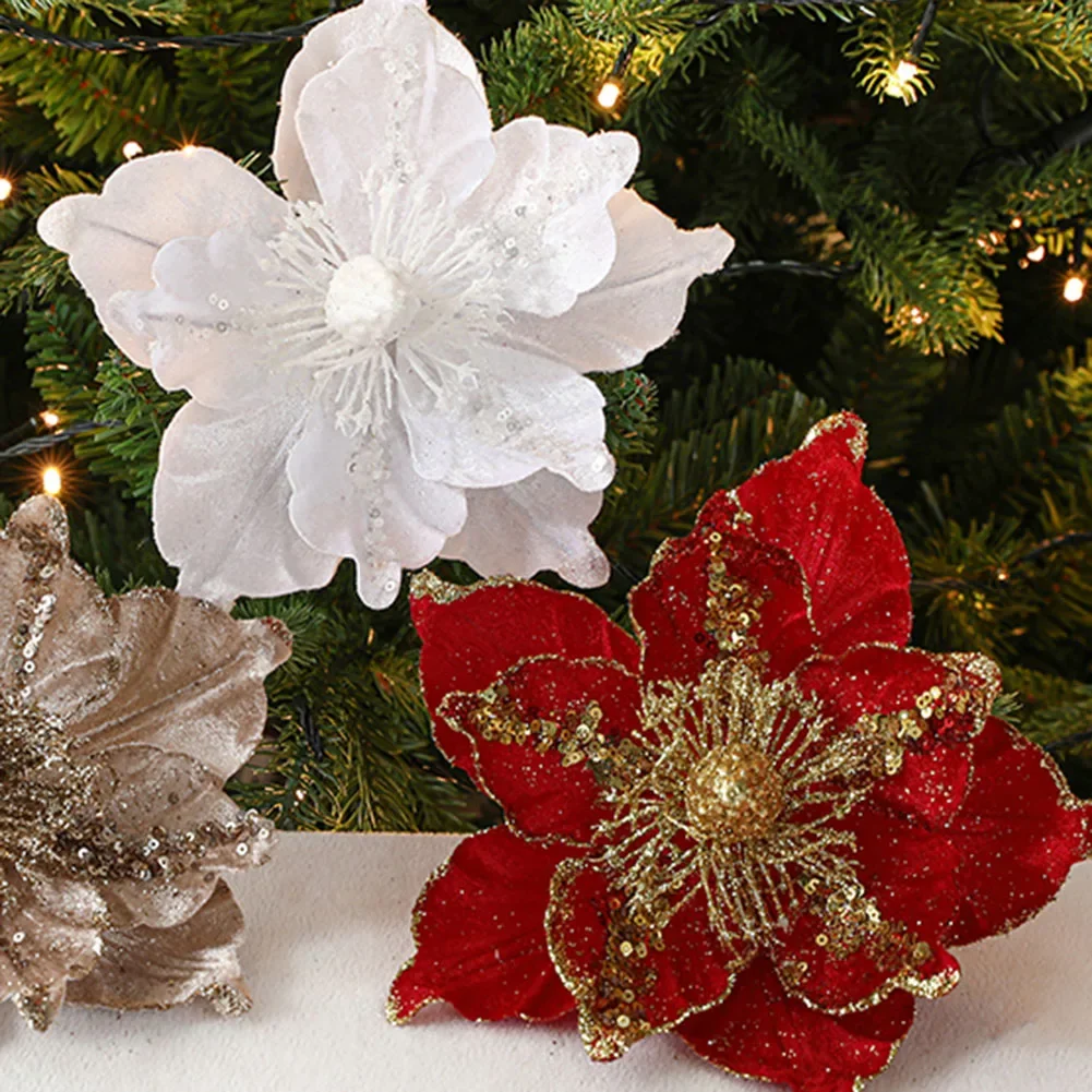 

Christmas Flowers Glitter Artificial Flower Xmas Tree Hanging Ornaments DIY Garlands Home Wedding New Year Party Decor Gifts