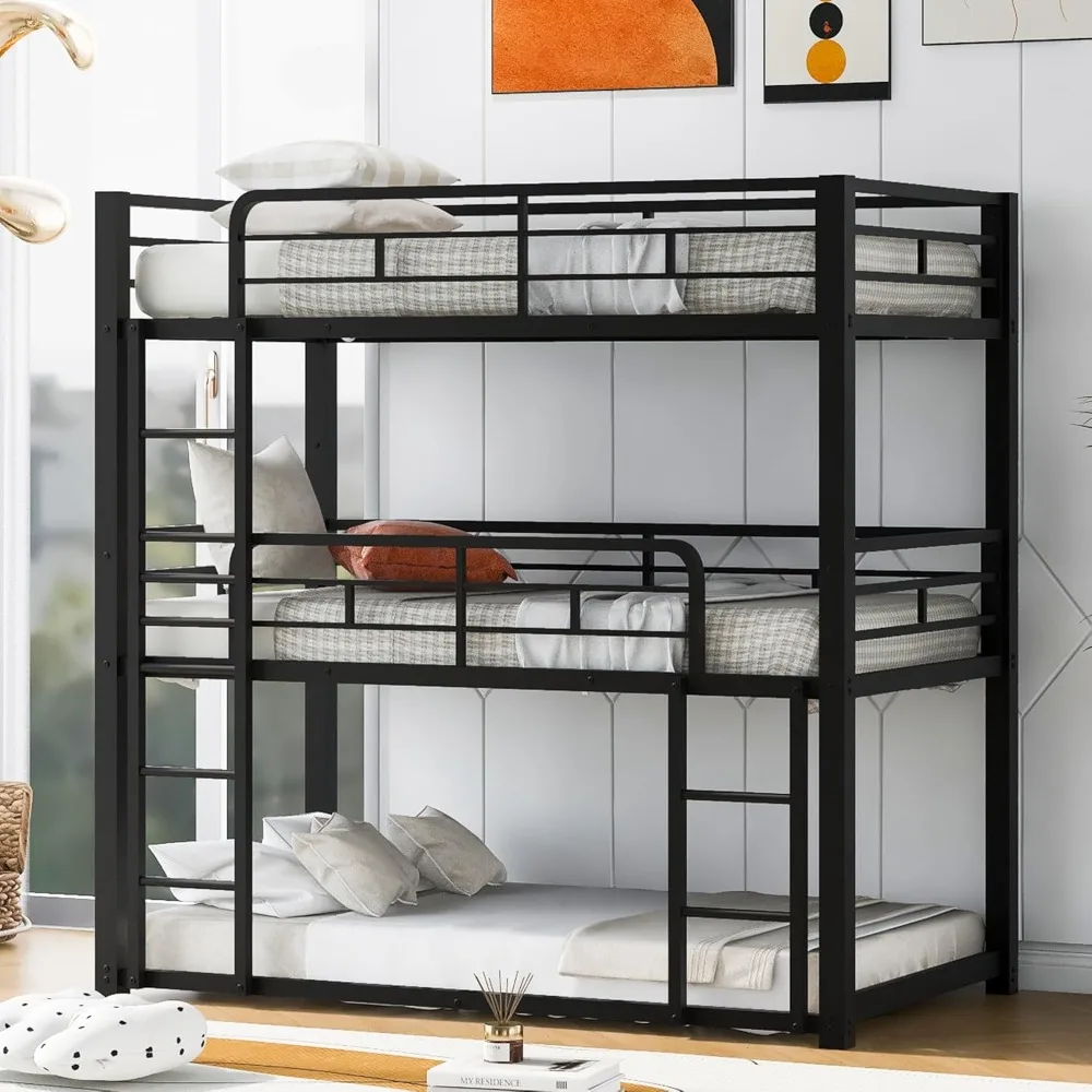 

Heavy Duty Triple Bunk Bed, Twin Over Twin Over Twin Metal Bunkbeds with Ladder, Family-Friendly for All Ages, Bedroom, No Box S
