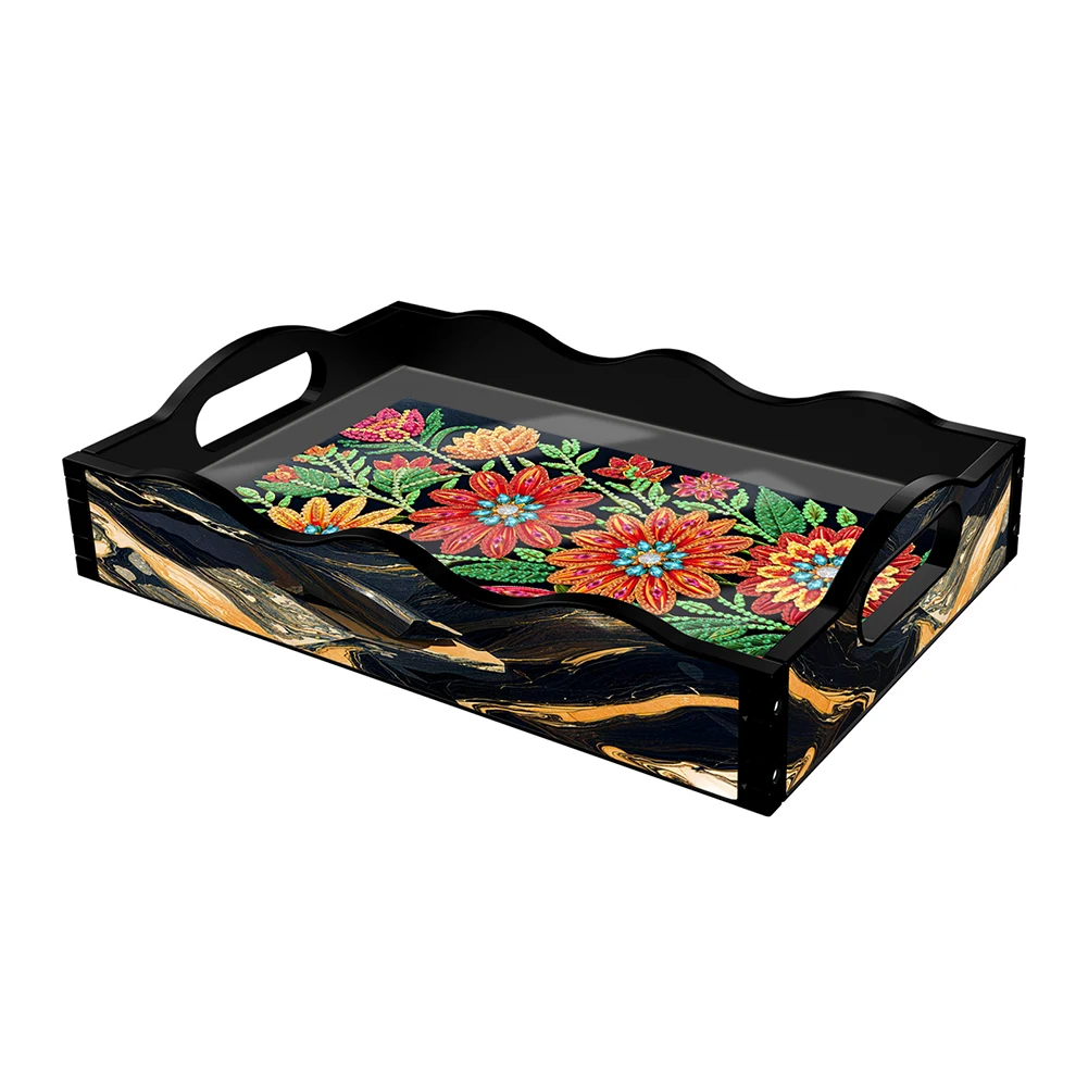 

Acrylic Flowers and Grass Diamond Painting Tray Handicraft Rectangular Diamond Decorative Serving Tray for Countertop Decor