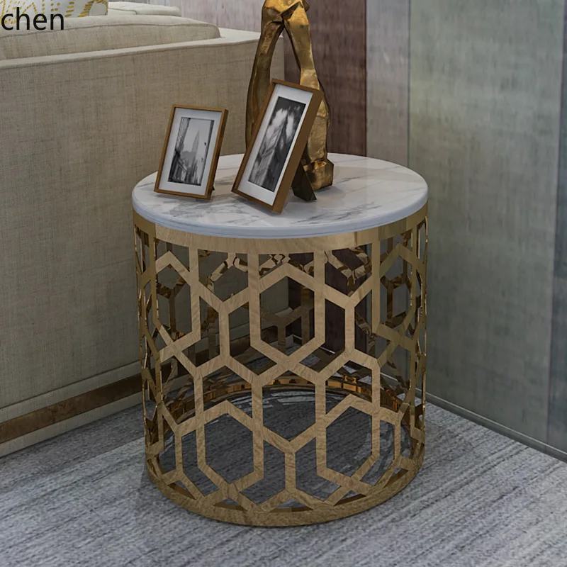PYH Modern Simple Light Luxury Stainless Steel Side Table Marble Round Corner Table Gold Hollow Carving
