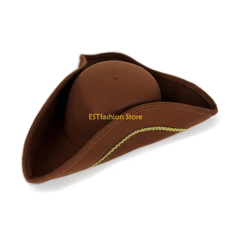 Y5GC Victorian Pirate Hat Fleece Gold Silk Thread Trim Tricorn Hat Costume Accessory