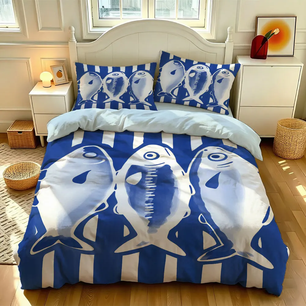 3pcs blue and white striped sardine-themed bedding set featuring a soft pillowcase bedding accessories machine-washable
