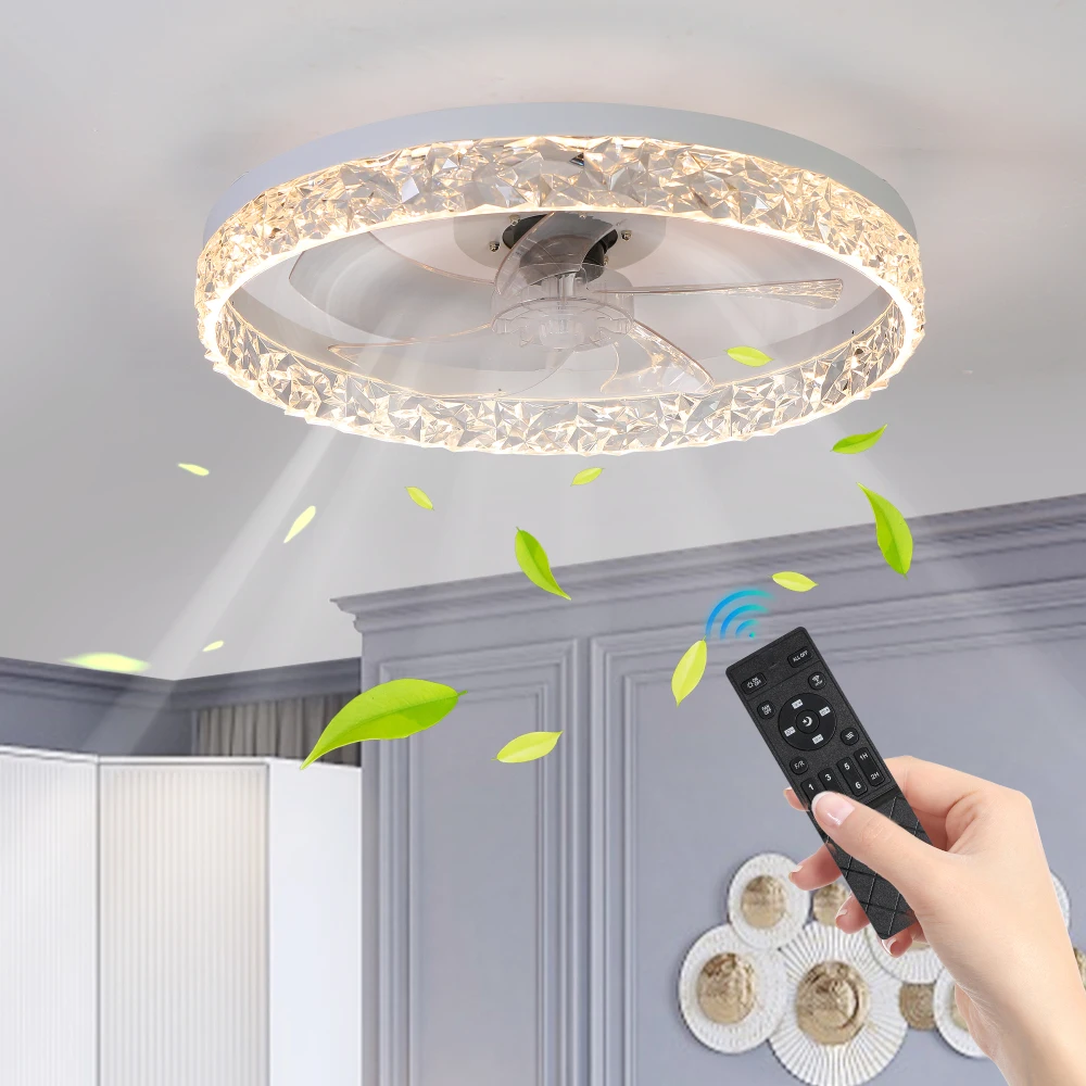 Modern Acrylic Ceiling Fan Light with Remote Control Dimmable LED Chandelier 6-Speed Adjustable Quiet Motor Flush Mount Design