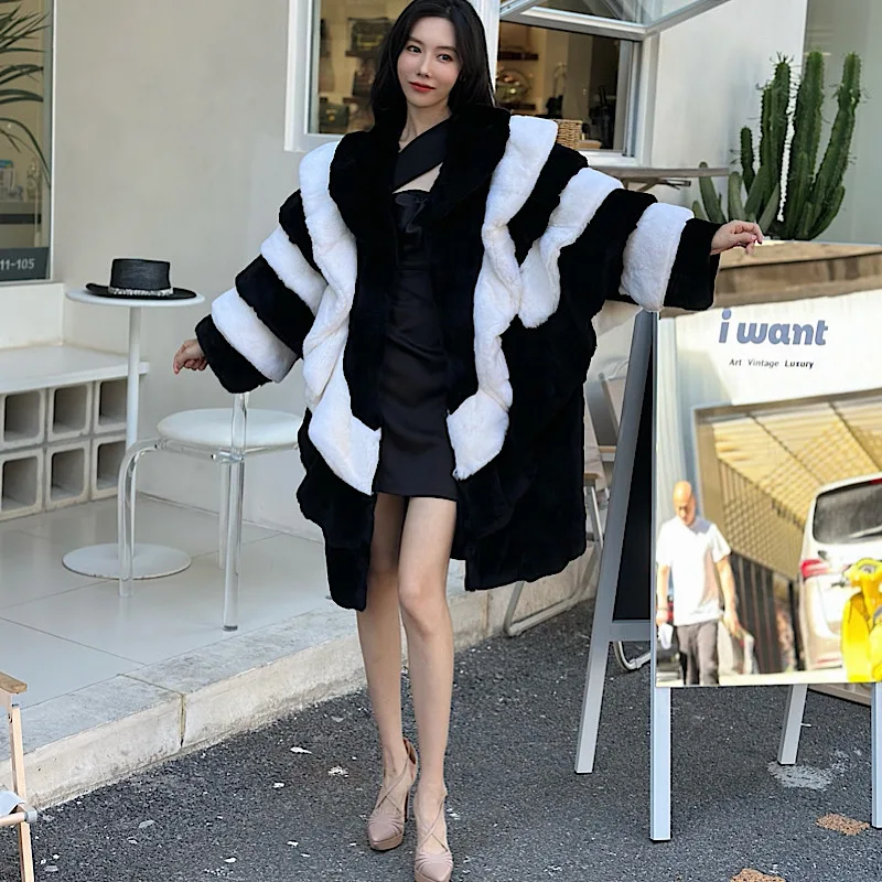 2023 New  Winter Whole Skin Fur Rex Rabbit Hair Fashionable Contrast Lapel Young Medium And Fur Coat Lady