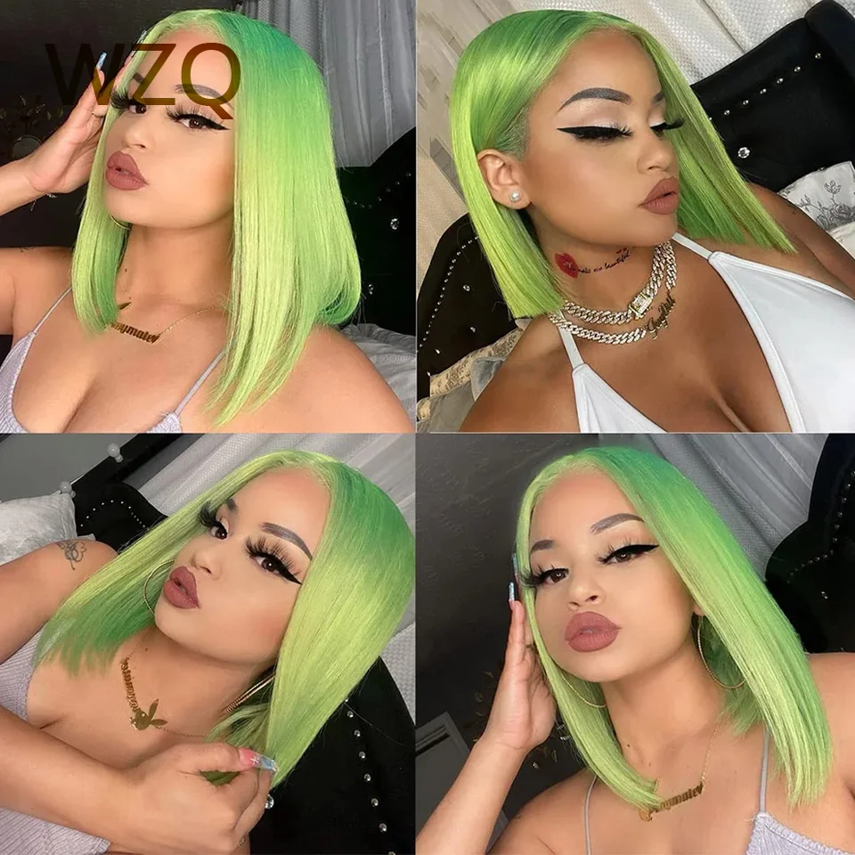 

High Quality Bright Green Straight Short Bob Brazilian Colored Human Hair Wig Transparent Lace Front Wigs For Women Pre Plucked