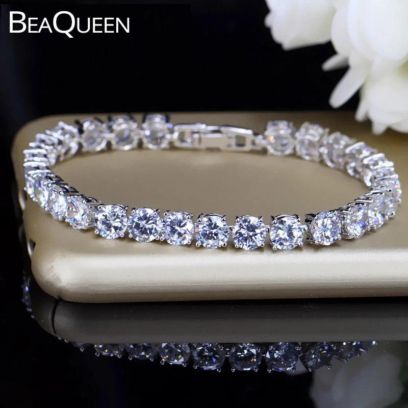 BeaQueen Bridesmaids Luxury CZ Crystal Jewelry Brilliant 6mm Big Carat Round Cut Cubic Zircon Tennis Bracelet for Women B018