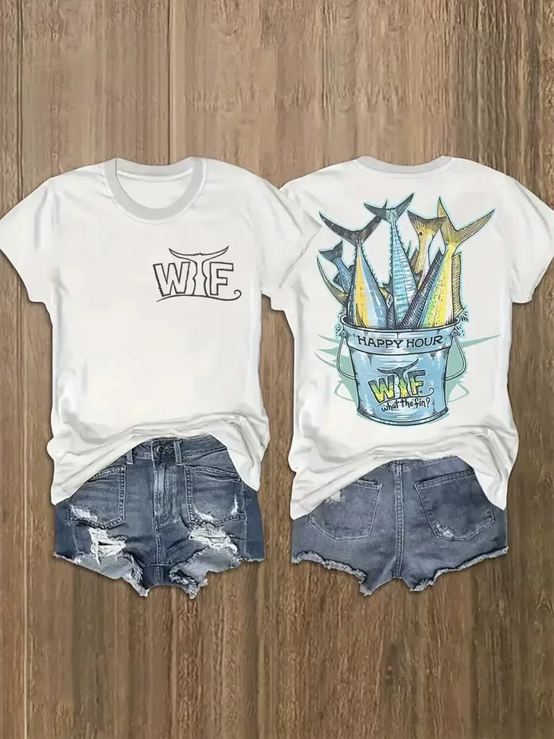 What The FIN Happy Hour Fishing Bucket Graphic T-Shirt, Casual Short Sleeve, Angler's Funny Fishing Print, Outdoor Daily Top