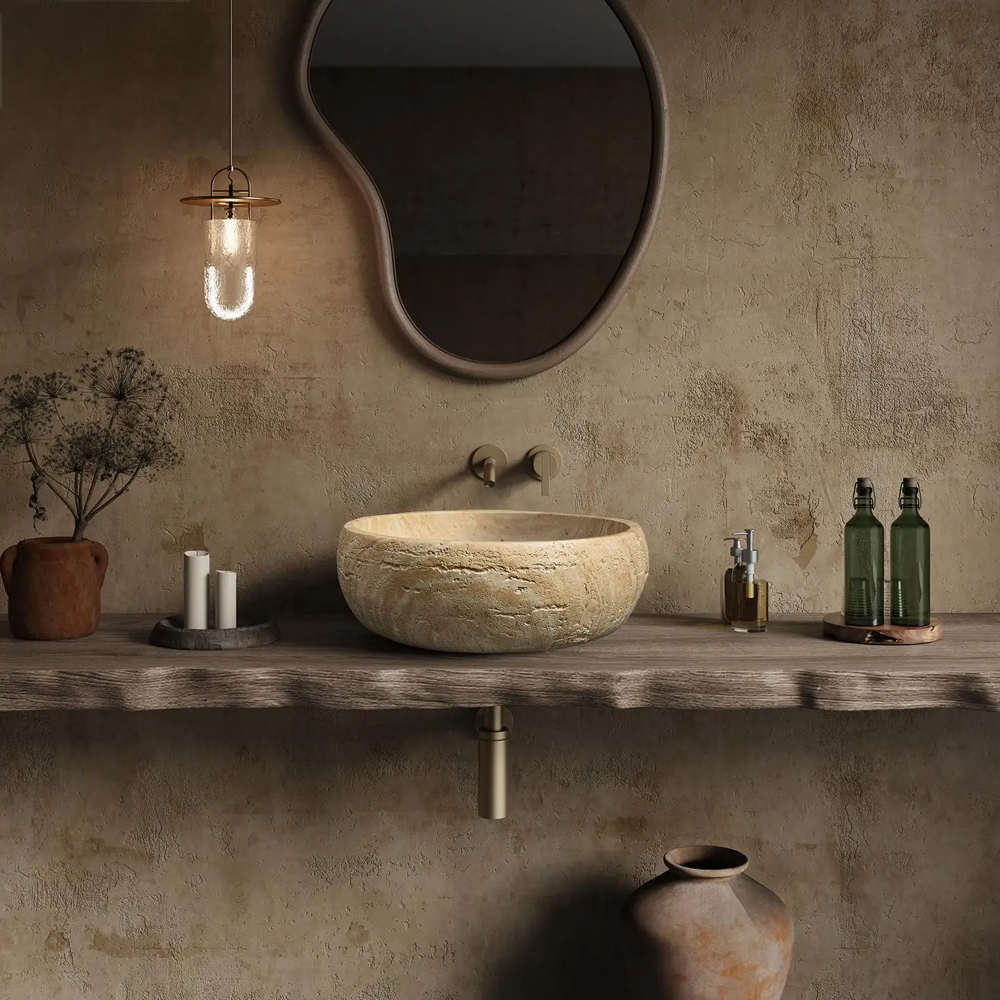 Vintage Round Travertine Vessel Sink, Beige Mid-century Modern Console Basin for Hotel Villa Bathroom