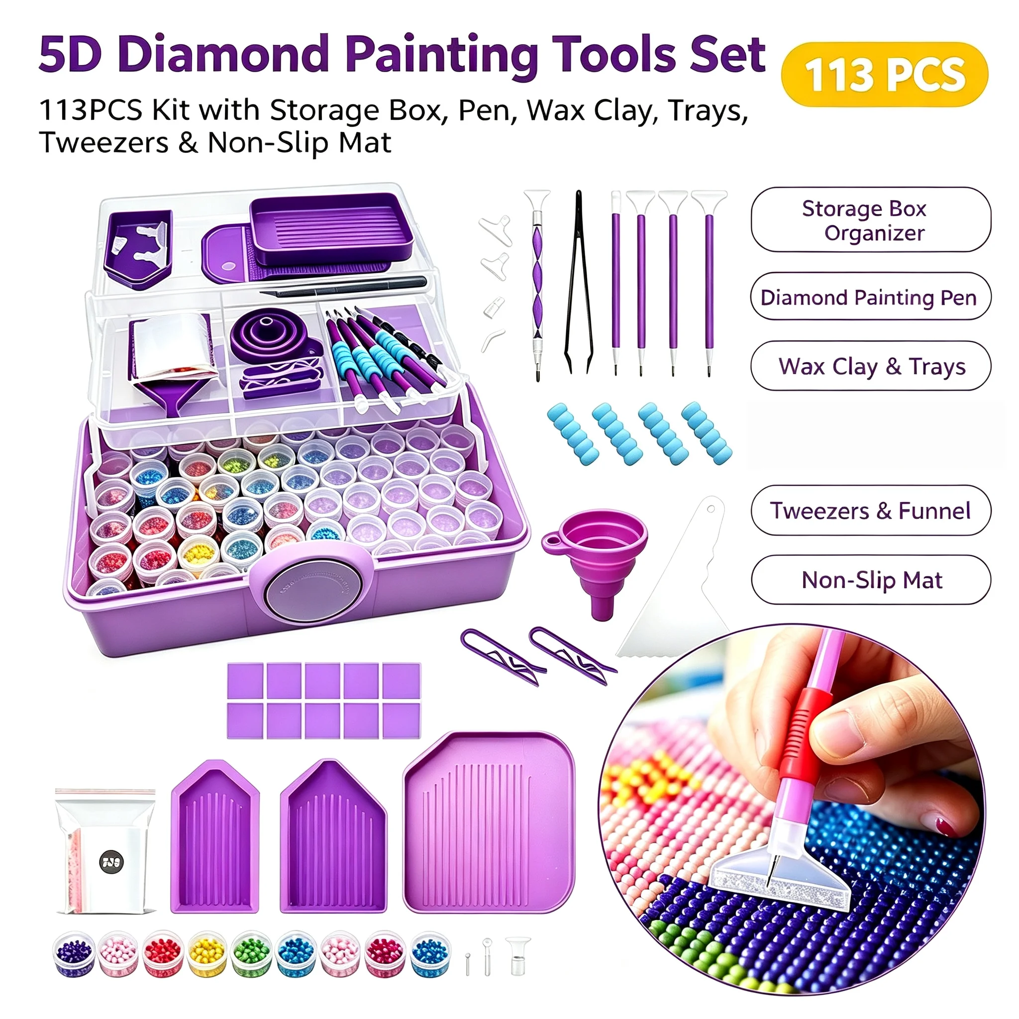 113PCS 5D Diamond Painting Kit with Storage Box - Pen Wax Clay Trays Tweezers Funnel Non-Slip Mat DIY Craft Accessories Set