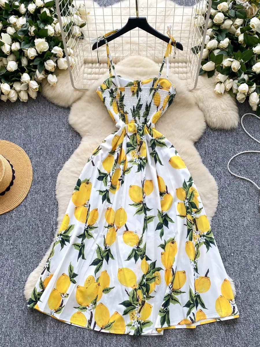 Foamlina Francuska Sukienka Midi Retro z Kwiatowym Nadrukiem, Wiązana na Szyi, Letnia, z Rozcięciem, Podkreślona w Talii, Dopasowana, Elegancka, Unikatowa