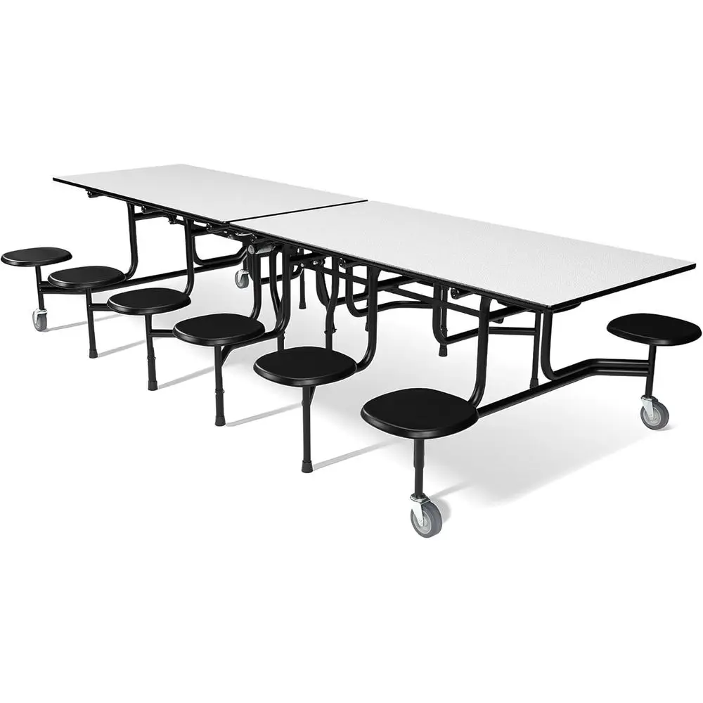 12-Foot Long Casters Table with 12 Attached Stools, Commercial Quality, Space-Efficient, Ideal for Schools and Offices, American