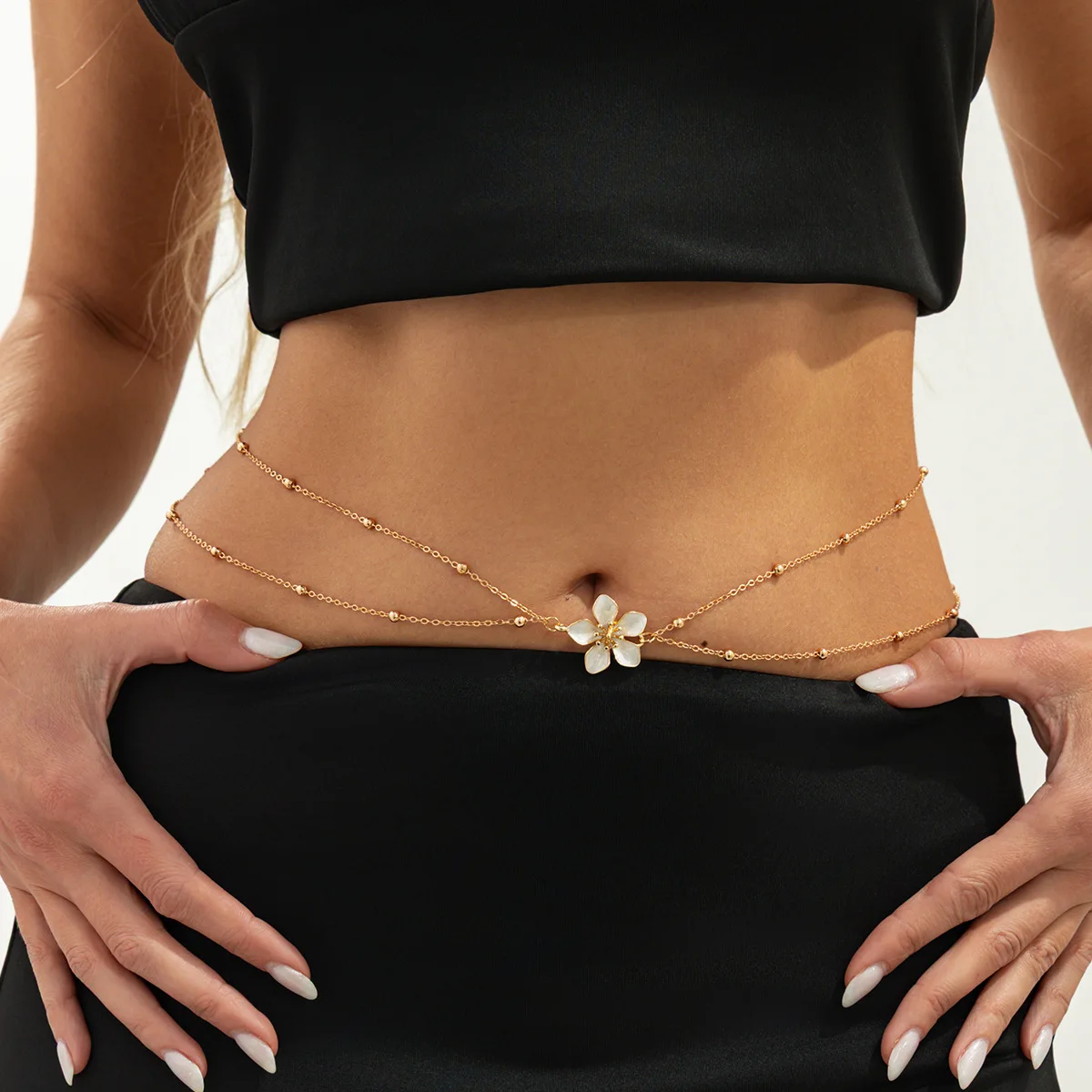 Simple Double Layers Belly Chains for Women Y2K Gold Color Metal Flower Bikini Waist Body Chain Beach Vacation Versatile Jewelry