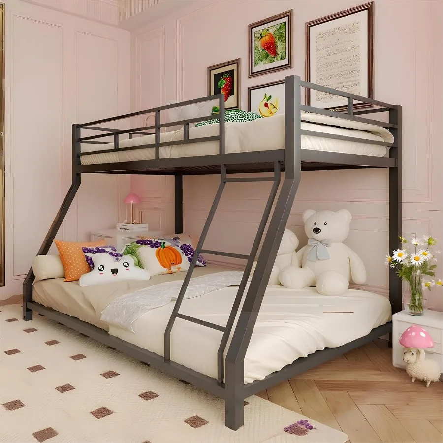 Litros de metal Twin sobre tamaño completo Marco de litera resistente para niños, niñas, adolescentes y adultos con barandillas de escalera Space Savi