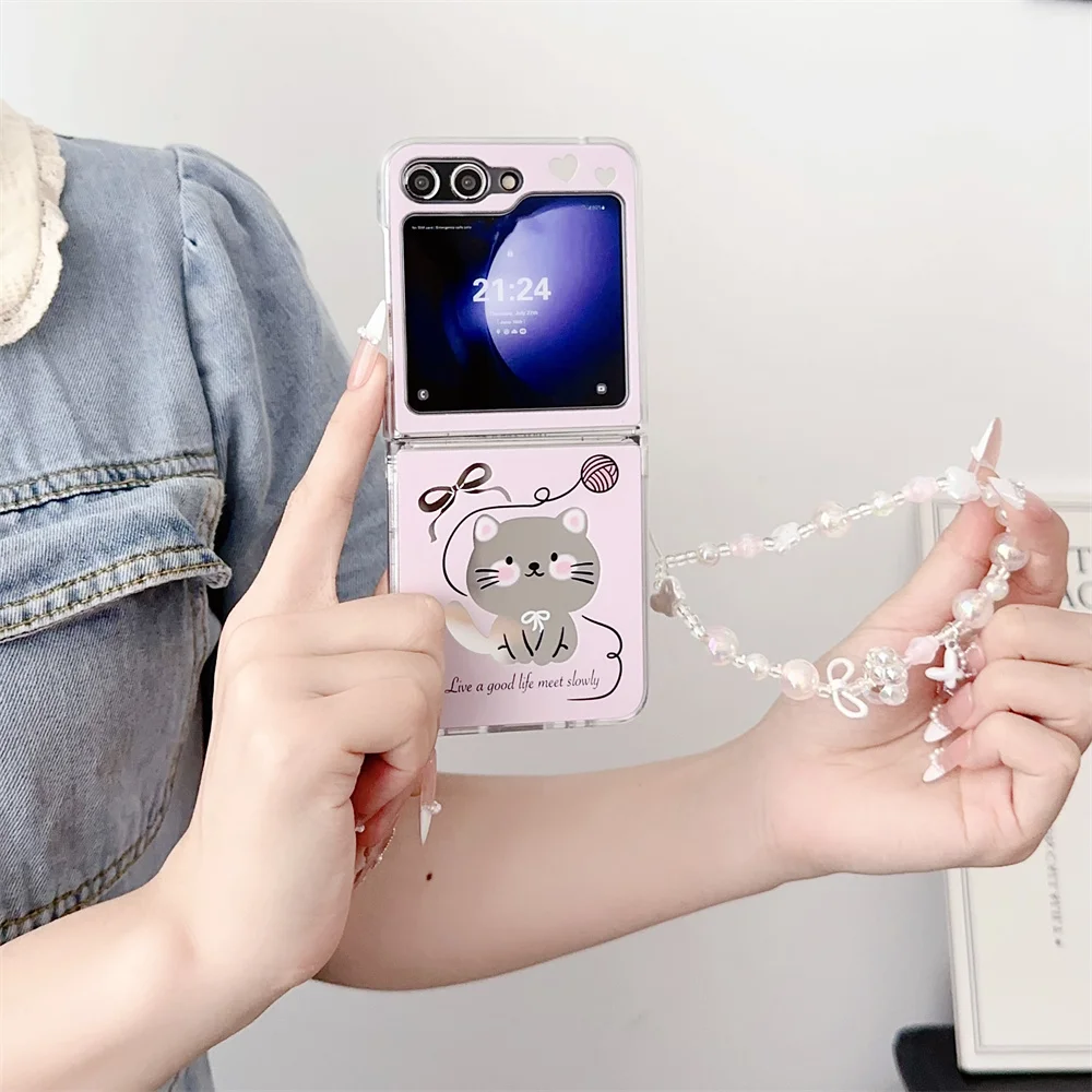 Cute Cartoon Cat Mirror Bracelet Case for Samsung Galaxy Z Flip 6 5 4 3 flip6 Dog Wrist Chain Make Up Shockproof Korean Cover