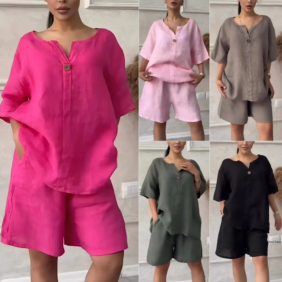 Ropa De Mujer Moda 2026 Conjuntos Spring Summer Five Quarter Sleeve Button Top Plus Size Shirt Top High Waist Shorts 2 Piece Set