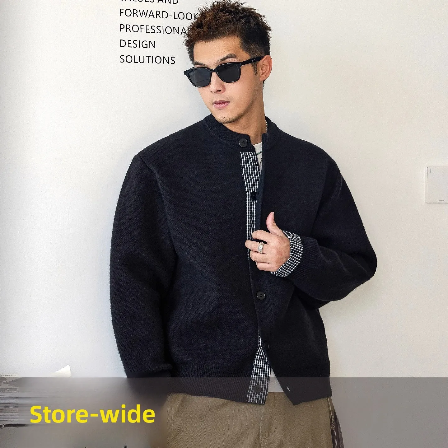 

Мужской кардиган большого размера с клетчатыми вставками, новинка осени 2025, модная свободная верхняя одежда, вязаный, имитация двухслойности