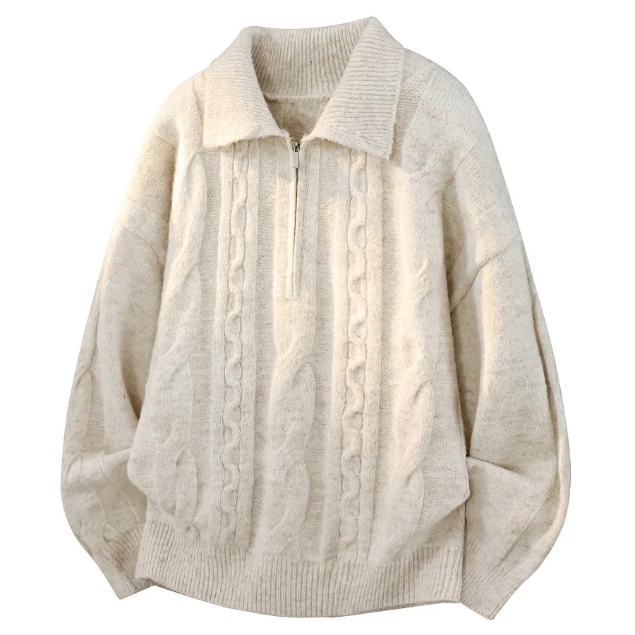 Autumn Winter 2026 New Fashion Polo Collar Sweater Pullover for Men Loose British Style Fried Dough Twists Knitwear