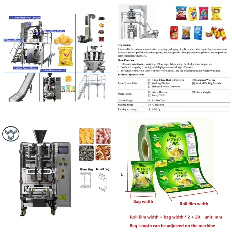 [2026] Fully Automatic VFFS 100g 200g 400g Potato Chips Food Multi-function Packaging Machines with 10/14 Heads Multihead