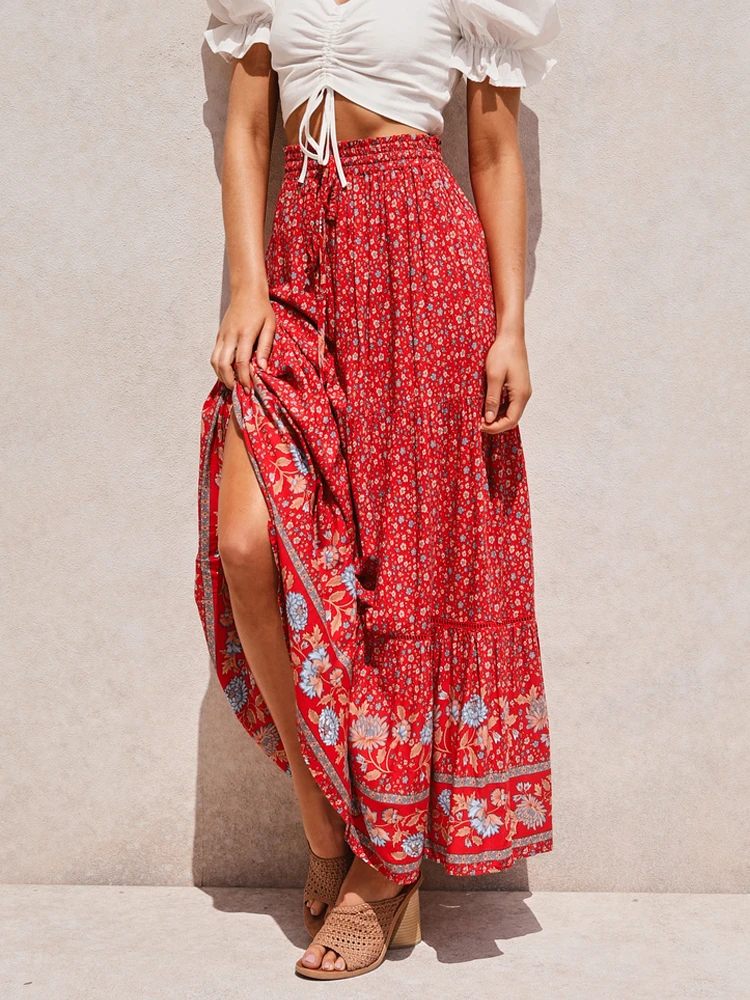 Vintage Chic Fashion Women Red Floral Print Beach Bohemian Pleated Skirt Rayon Cotton High-waisted Boho Maxi Skirts Femme