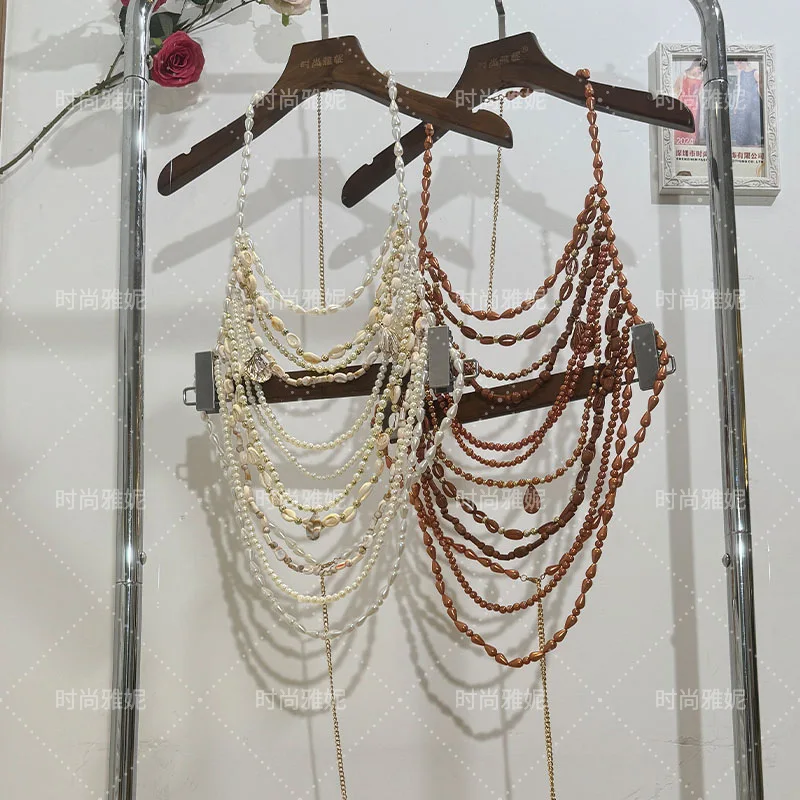 New Hanging Neck Handmade Beaded Pearl Bra Bikini Sexy Necklace Halter Top Bra Jewelry Baroque Style Body Chain