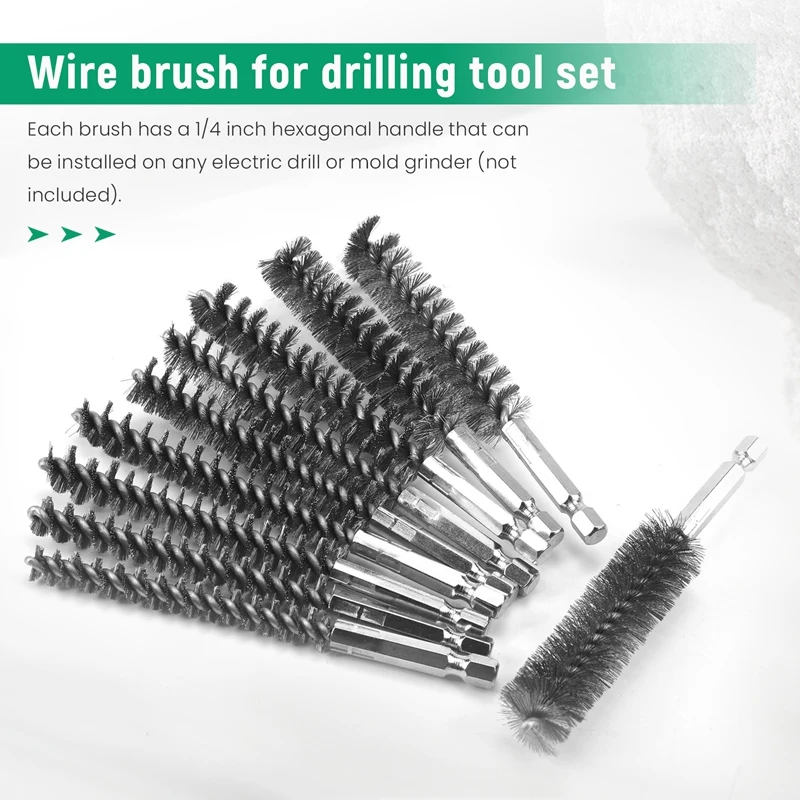 10Pcs Stainless Steel Bore Brush In Different Sizes 1/4Inch Hex Shank,Wire Brush Attachment For Drill Set