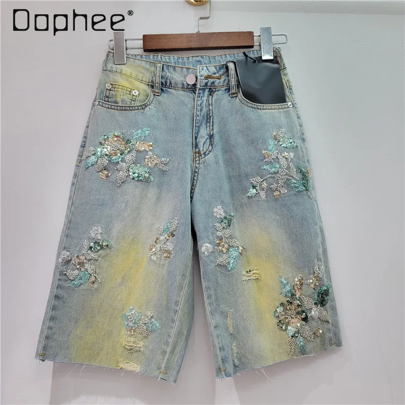 Embroidery Sequin Knee Length Denim Shorts Women Vintage Ripped Fashion Jeans Shorts Loose Retro Jeans Hot Pants Female