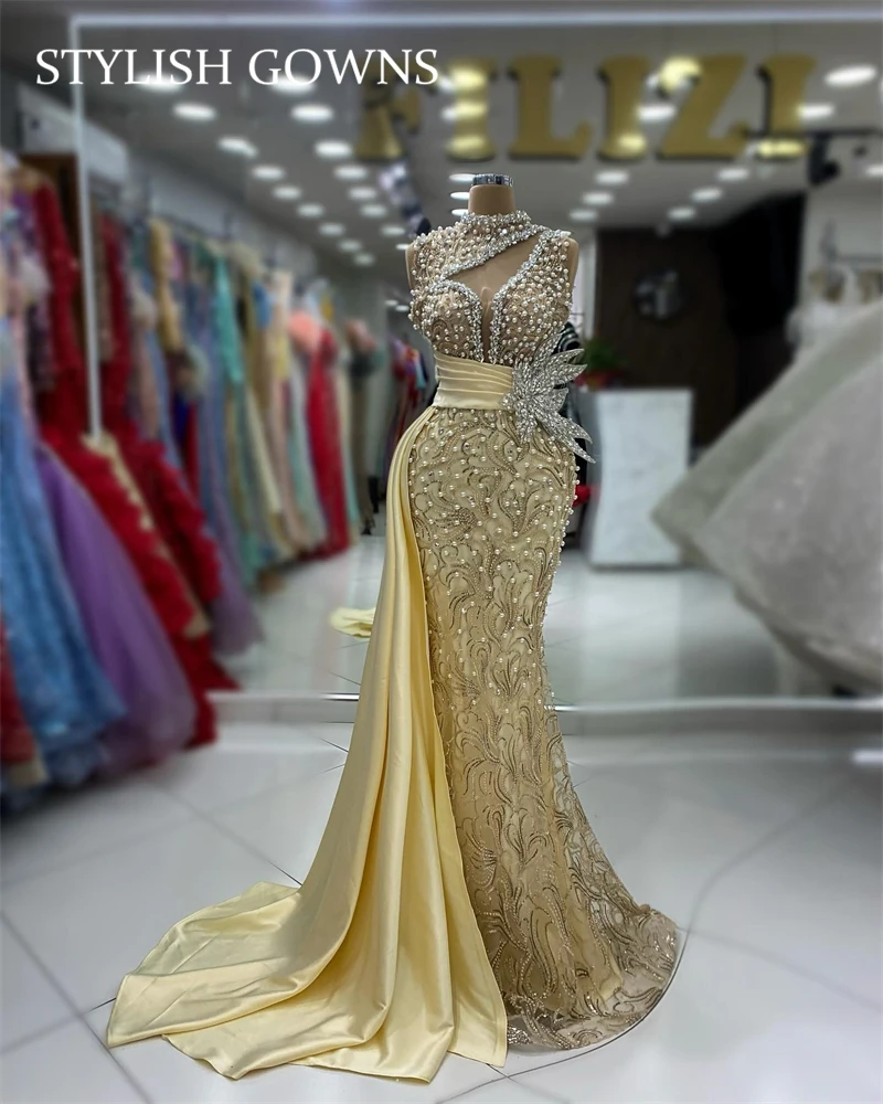 Vestido de noche dorado con cuello redondo para mujer, elegante y hermoso vestido de sirena para cumpleaños, graduación, plisado de cristal con cuentas, ocasión especial