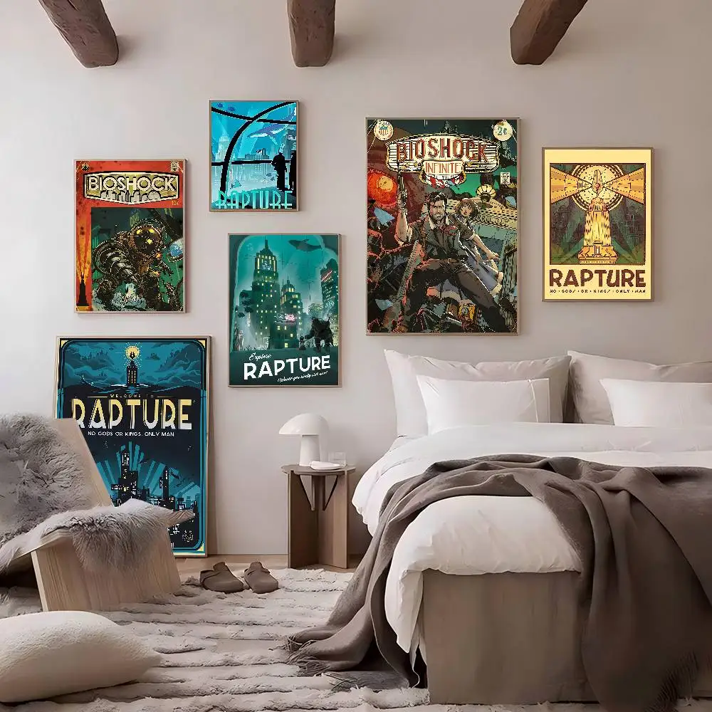 Affiches de films classiques rétro B-Bioshock R-Rapture, autocollants décoratifs vintage pour chambre, bar, café, peinture murale