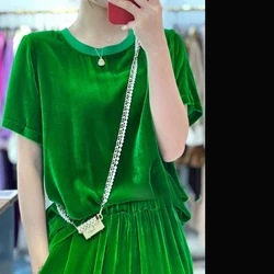Fashion Street Style Silk + Velvet Shirt 2021 Summer New O-Neck Short-Sleeved High-End Women's Clothing Loose Lady Top S-XL