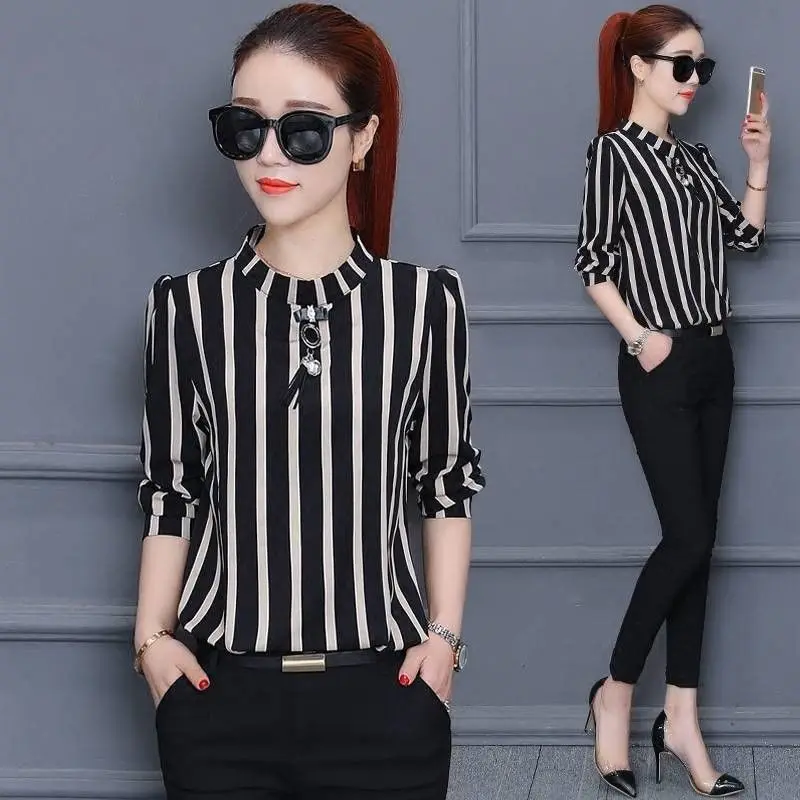 Women\'s Elegant Casual Tops Office Lady Simplicity Striped 3/4 Sleeve Shirts Women Clothes Temperament Summer New Style Fashion